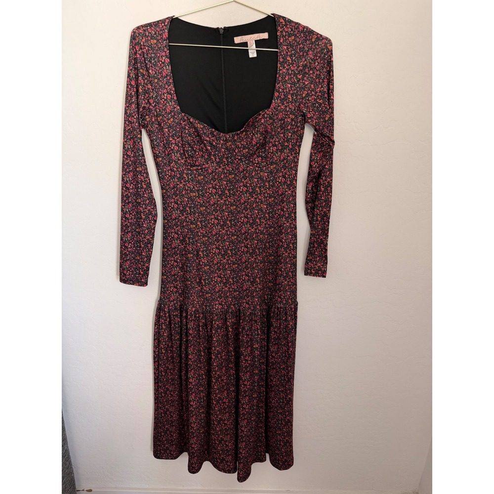 Hutch Womens Floral Sweetheart Neck Tiered Midi Dress Long Sleeve Pink Red S